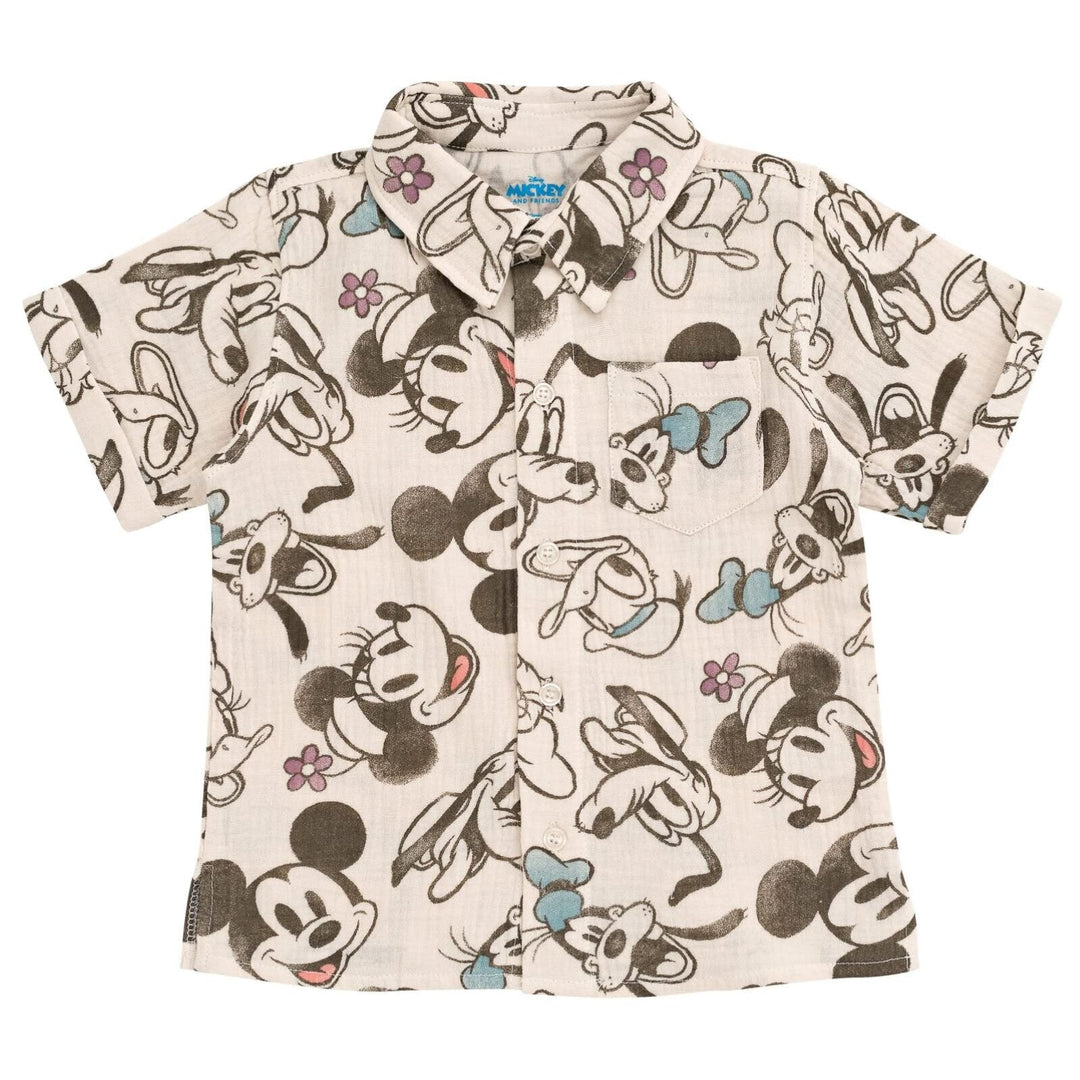 Disney Mickey Mouse Cotton Gauze Button Down Dress Shirt and Shorts Outfit Set - imagikids