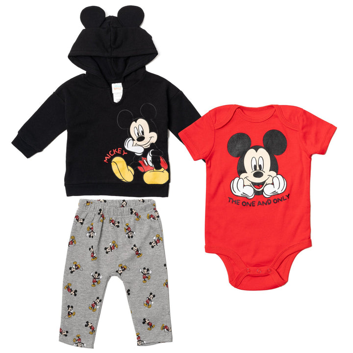 Disney Mickey Mouse Fleece Pullover Hoodie Bodysuit and Pants 3 Piece Outfit Set - imagikids