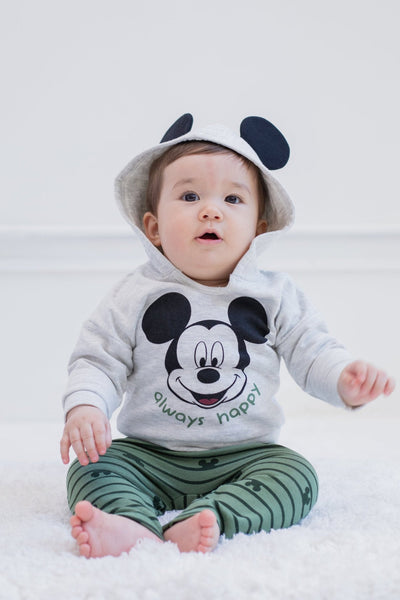 Disney Mickey Mouse Fleece Pullover Hoodie Bodysuit and Pants 3 Piece Outfit Set - imagikids
