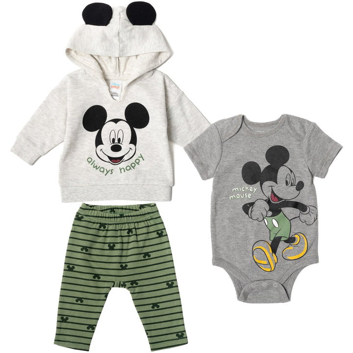 Disney Mickey Mouse Fleece Pullover Hoodie Bodysuit and Pants 3 Piece Outfit Set - imagikids