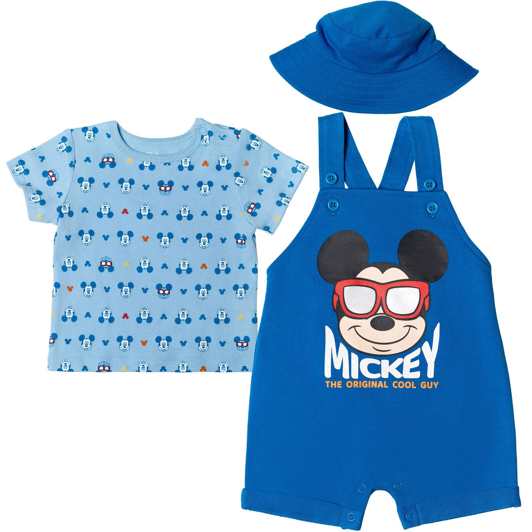 Disney Mickey Mouse French Terry Short Overalls T-Shirt and Hat 3 Piece Outfit Set - imagikids