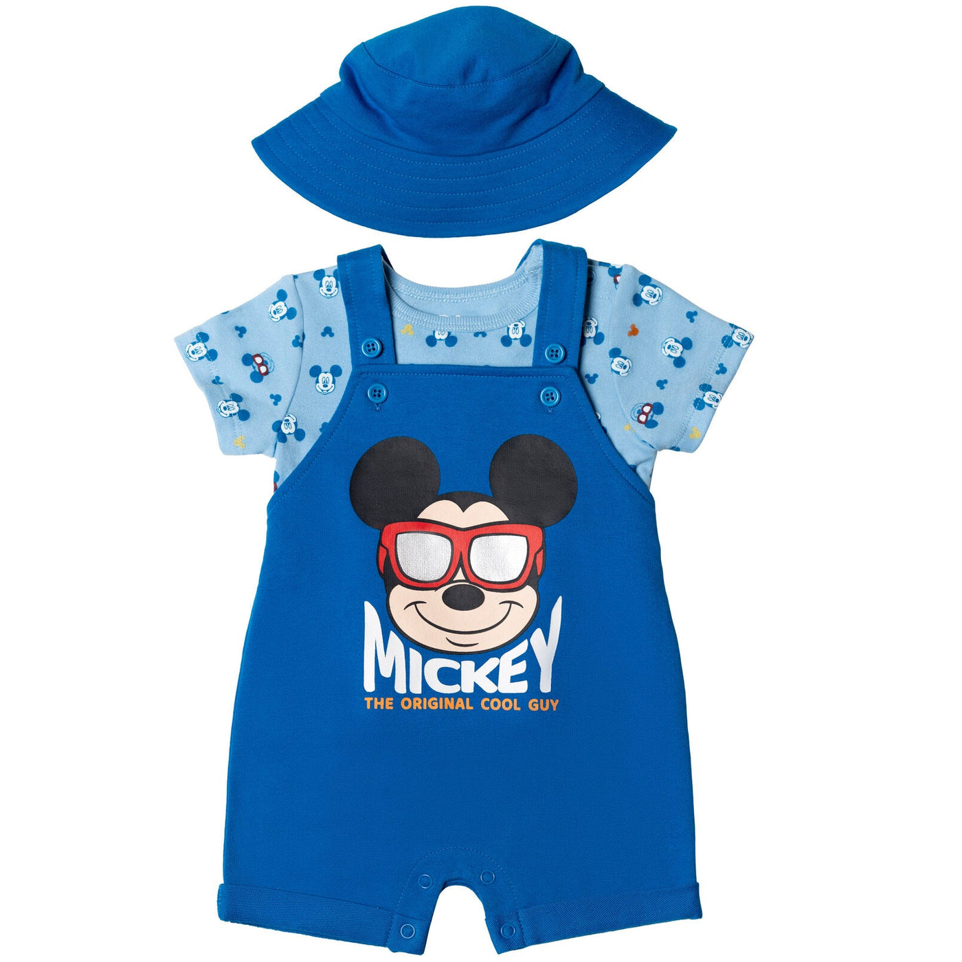 Disney Mickey Mouse French Terry Short Overalls T-Shirt and Hat 3 Piece Outfit Set - imagikids