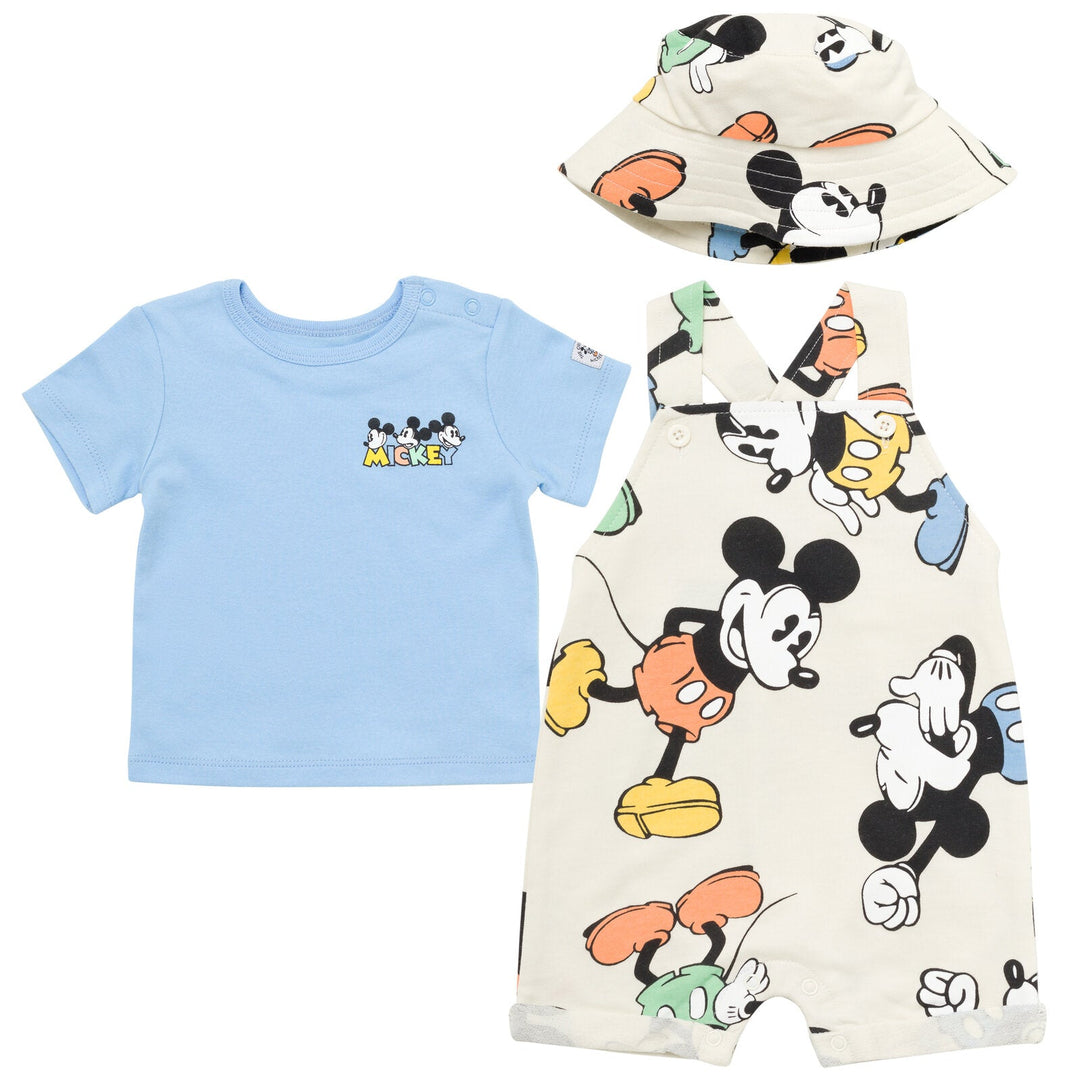 Disney Mickey Mouse French Terry Short Overalls T-Shirt and Hat 3 Piece Outfit Set - imagikids