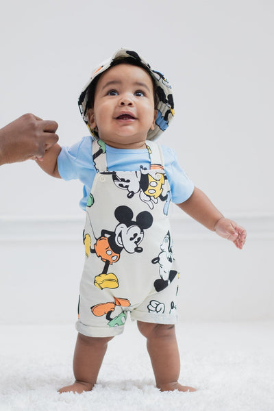 Disney Mickey Mouse French Terry Short Overalls T-Shirt and Hat 3 Piece Outfit Set - imagikids