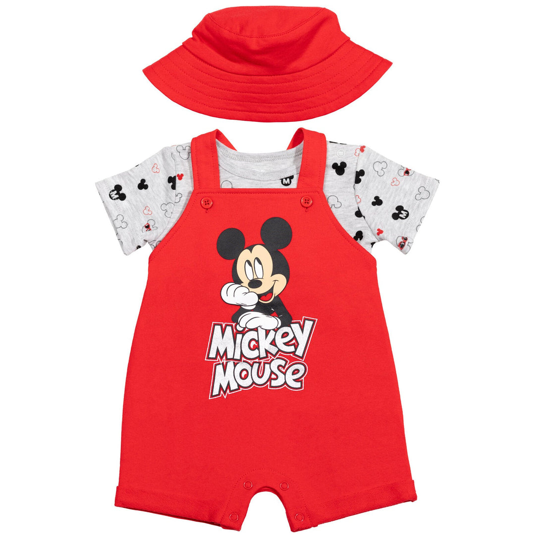 Disney Mickey Mouse French Terry Short Overalls T-Shirt and Hat 3 Piece Outfit Set - imagikids