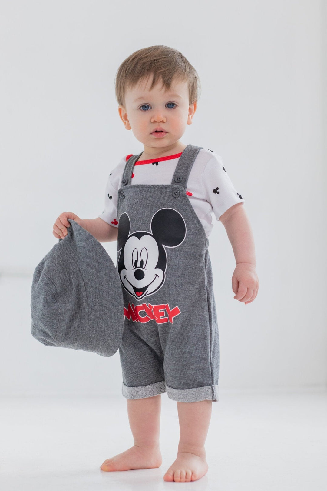 Disney Mickey Mouse French Terry Short Overalls T-Shirt and Hat 3 Piece Outfit Set - imagikids