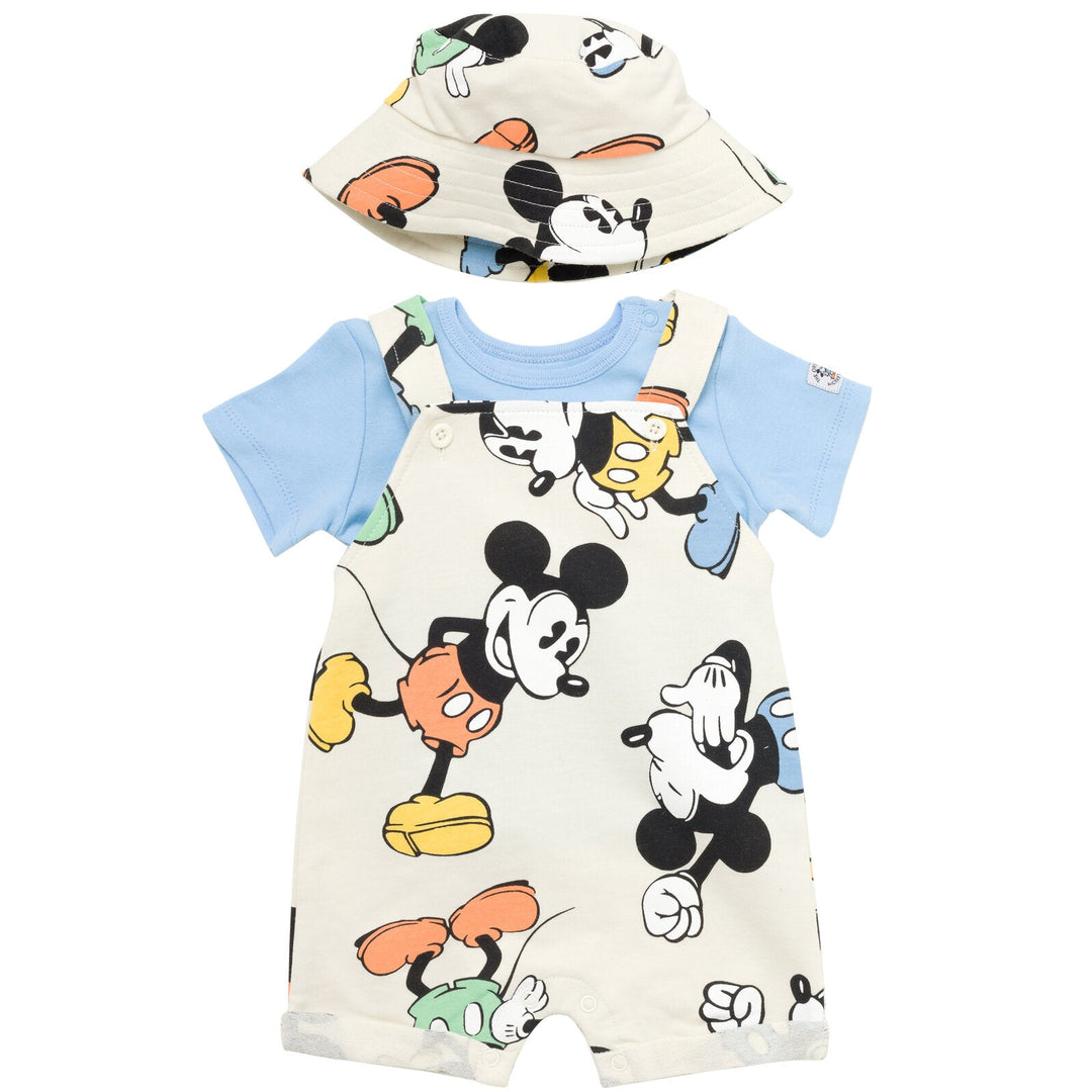 Disney Mickey Mouse French Terry Short Overalls T-Shirt and Hat 3 Piece Outfit Set - imagikids