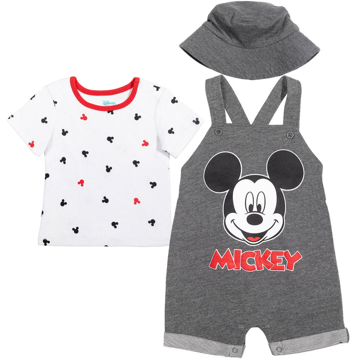 Disney Mickey Mouse French Terry Short Overalls T-Shirt and Hat 3 Piece Outfit Set - imagikids