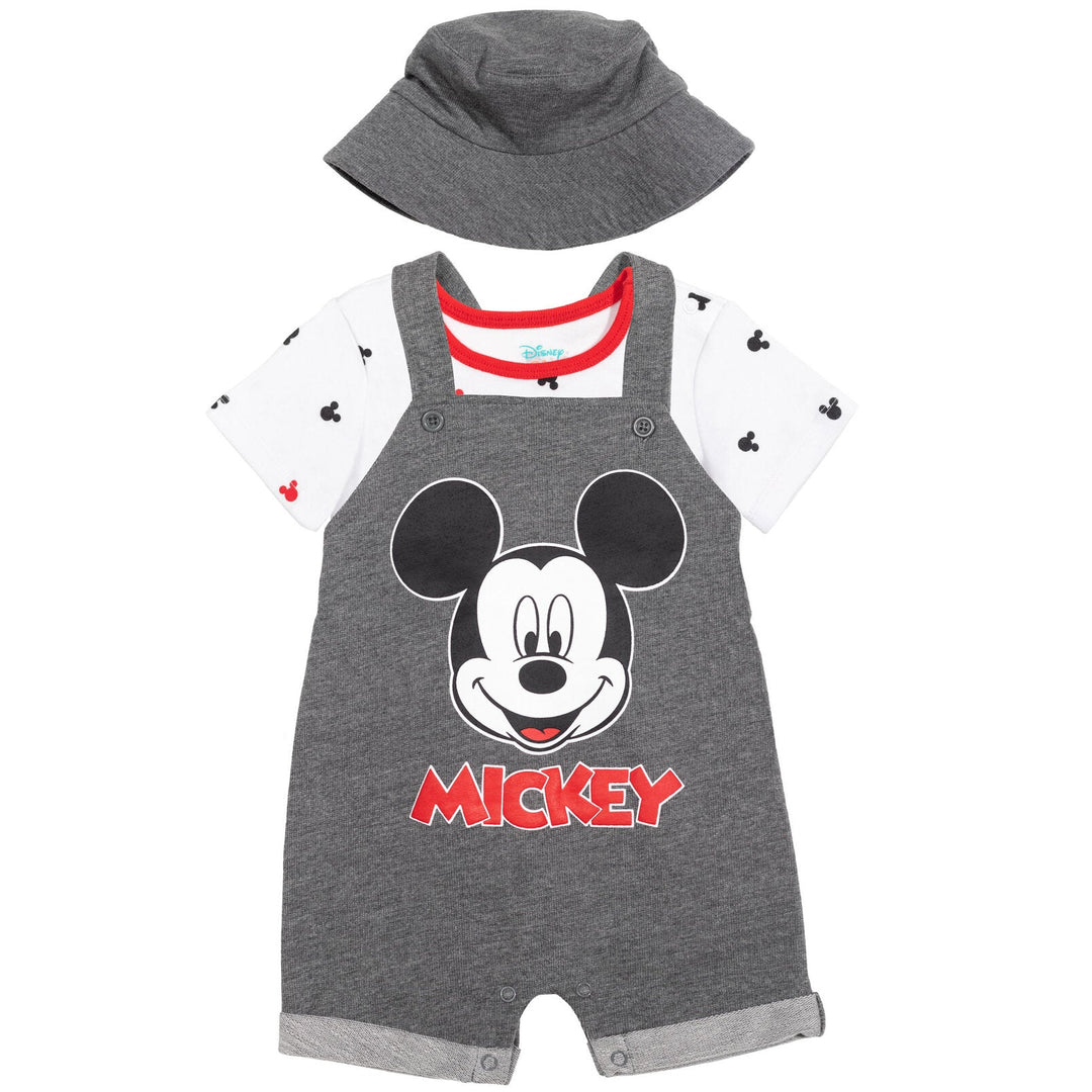 Disney Mickey Mouse French Terry Short Overalls T-Shirt and Hat 3 Piece Outfit Set - imagikids