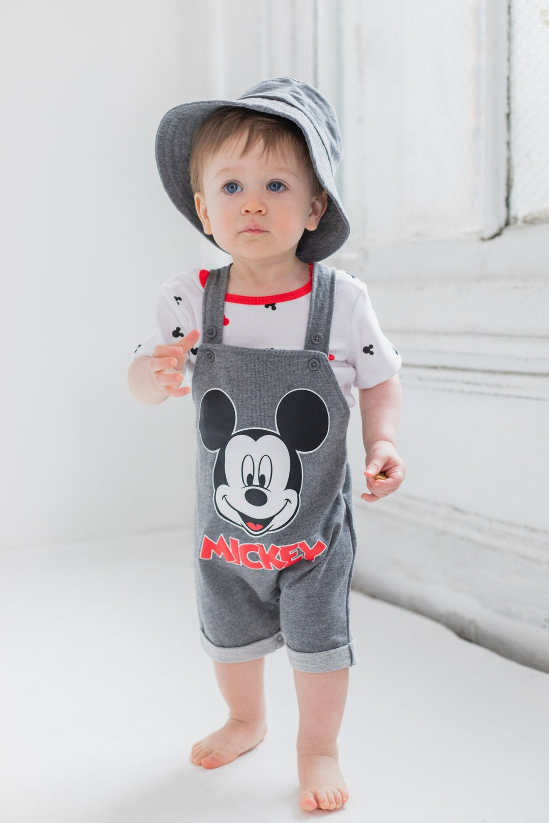 Disney Mickey Mouse French Terry Short Overalls T-Shirt and Hat 3 Piece Outfit Set - imagikids