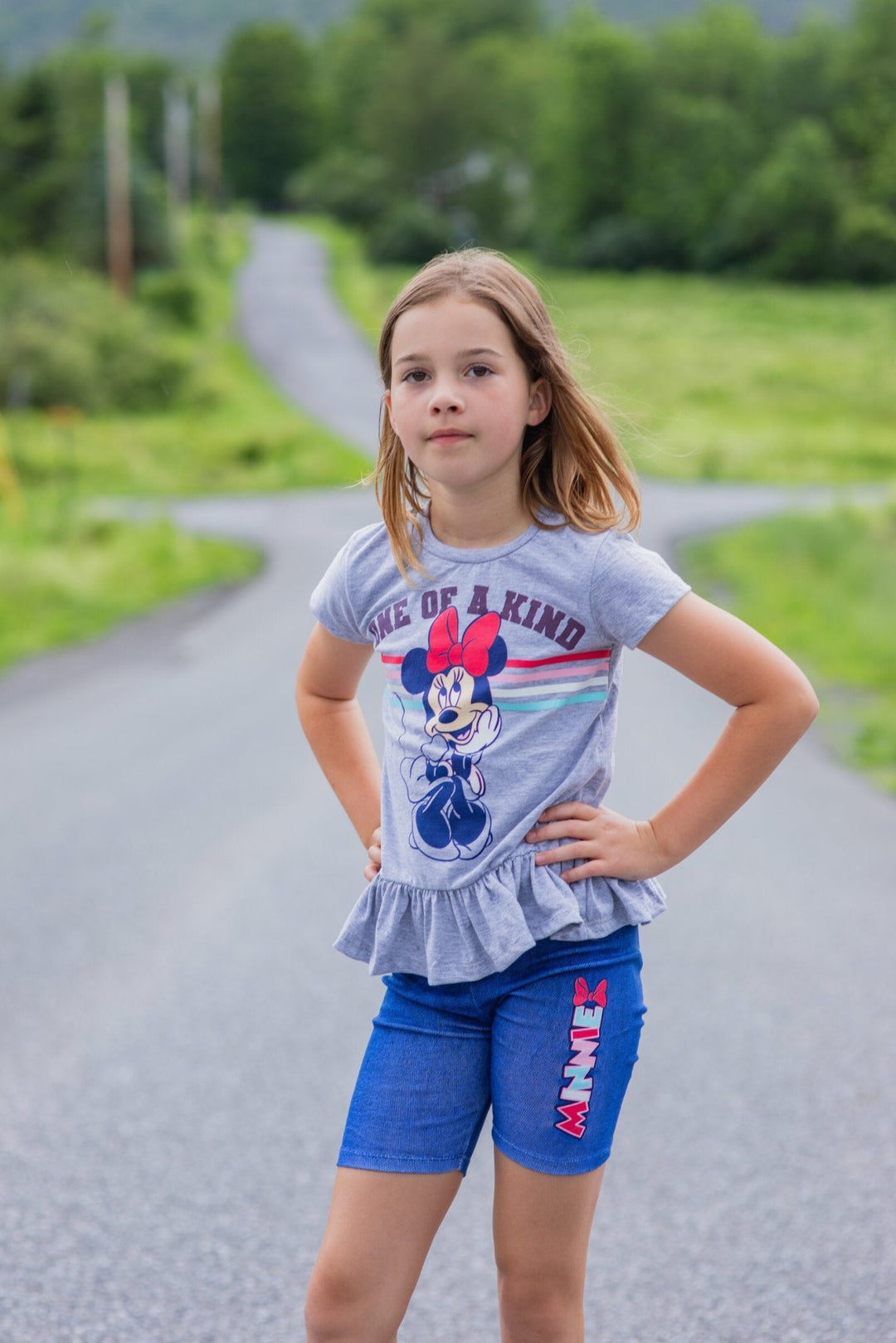 Disney Minnie Mouse 3 Piece Outfit Set: Peplum Graphic T-Shirt Tank Top Bike Shorts - imagikids