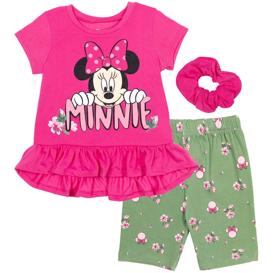 Disney Minnie Mouse Peplum T-Shirt Bike Shorts and Scrunchie 3 Piece Outfit Set - imagikids