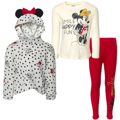 Disney Minnie Mouse Pullover Crossover Fleece Hoodie T-Shirt and Leggings 3 Piece Outfit Set - imagikids