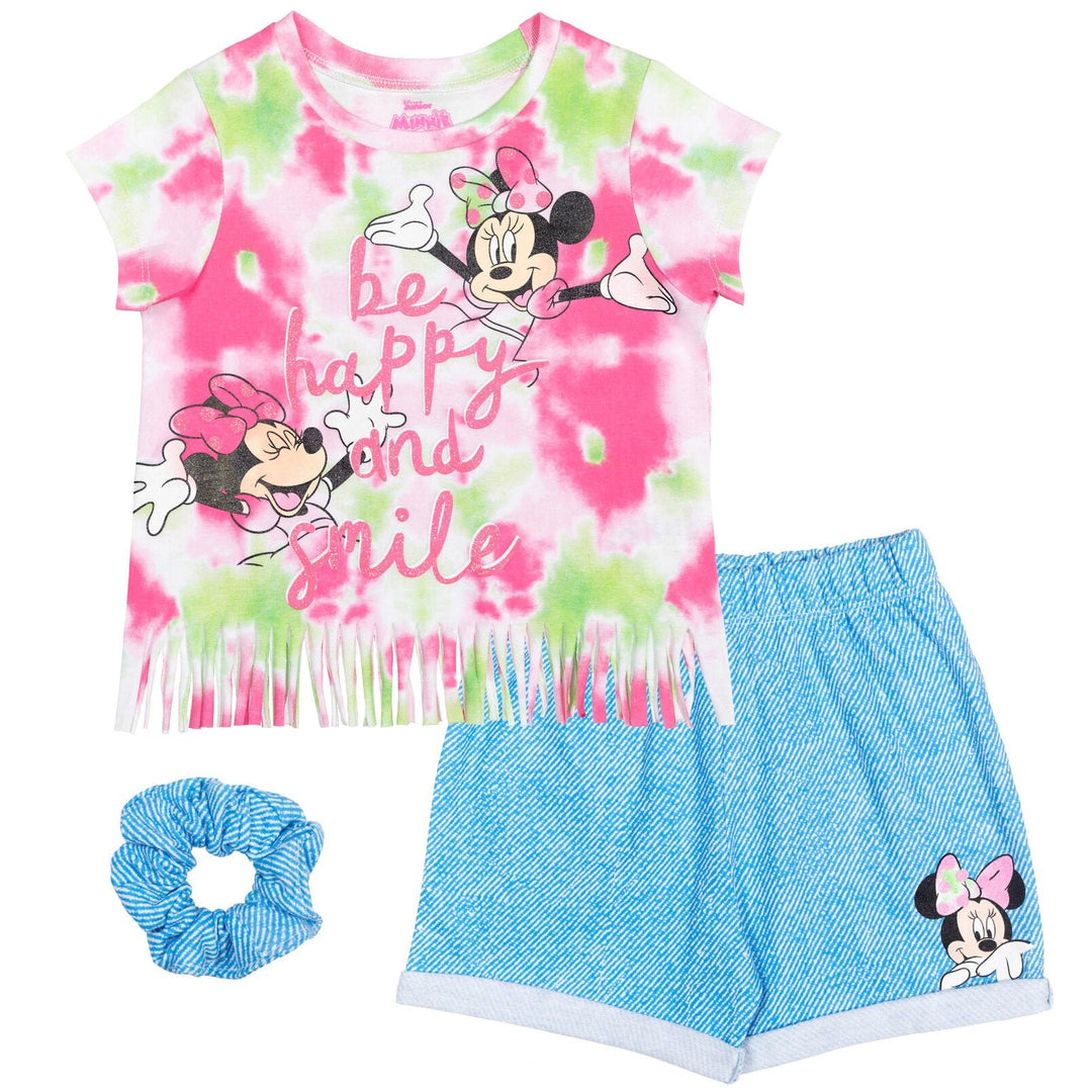 Disney Minnie Mouse T-Shirt French Terry Shorts and Scrunchie 3 Piece Outfit Set - imagikids