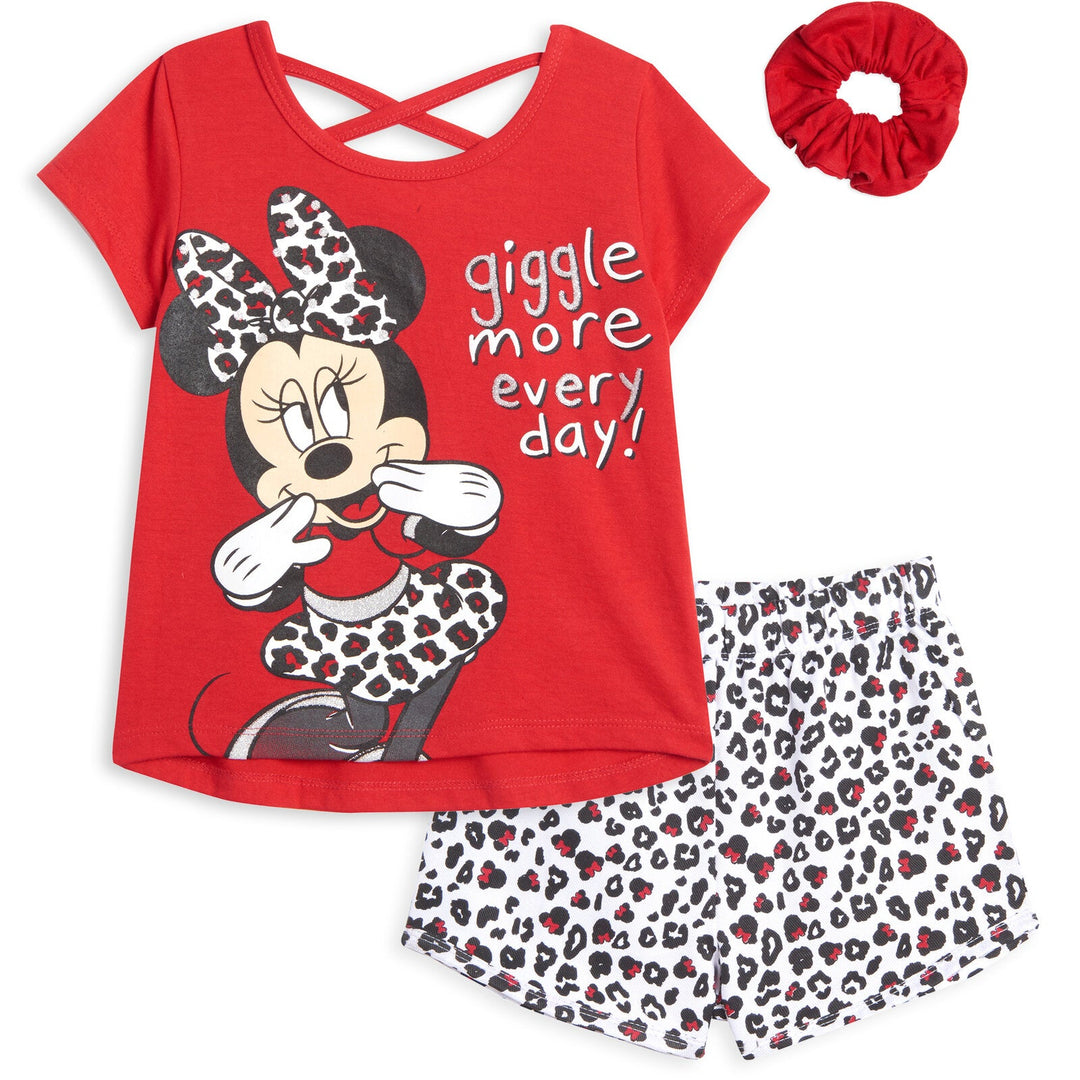 Disney Minnie Mouse T-Shirt French Terry Shorts and Scrunchie 3 Piece Outfit Set - imagikids