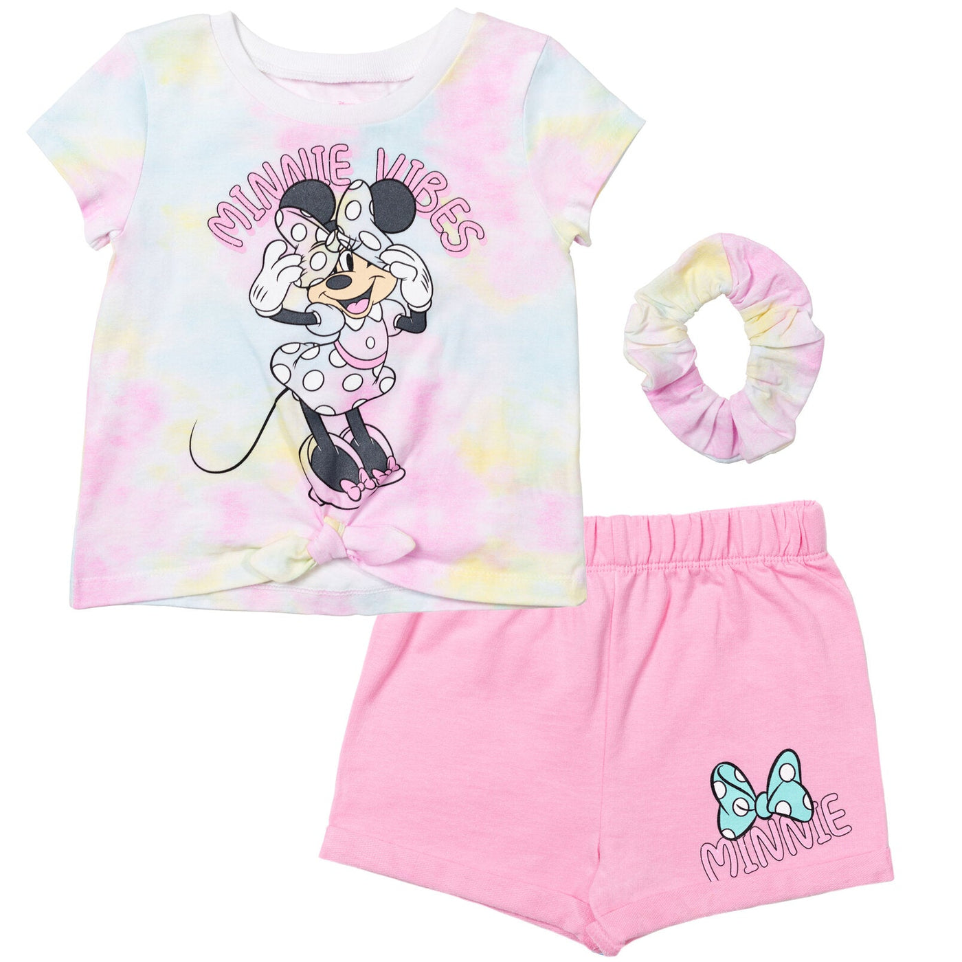 Disney Minnie Mouse T-Shirt French Terry Shorts and Scrunchie 3 Piece Outfit Set - imagikids