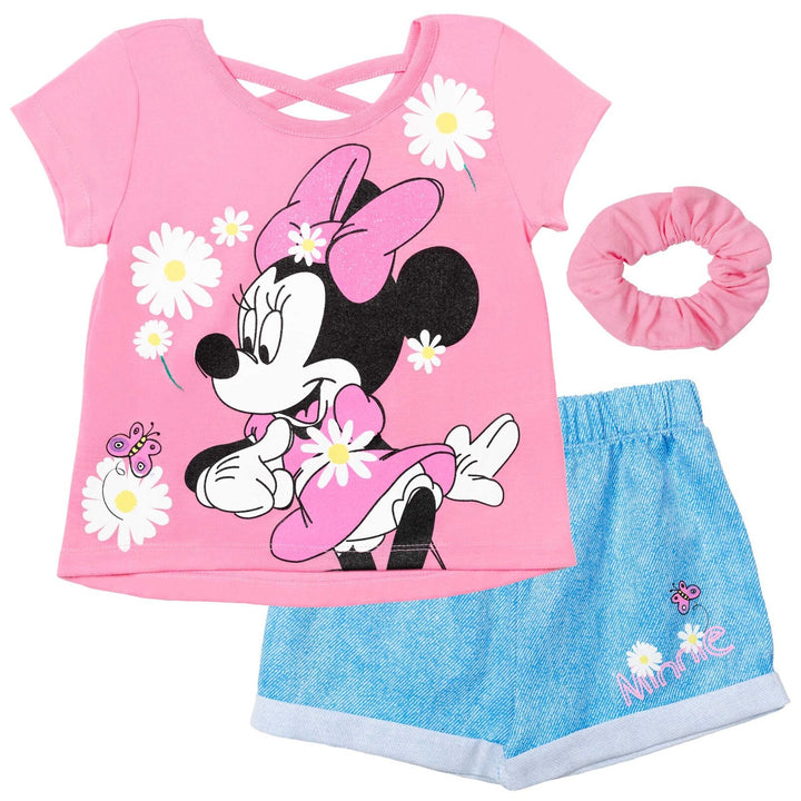 Disney Minnie Mouse T-Shirt French Terry Shorts and Scrunchie 3 Piece Outfit Set - imagikids