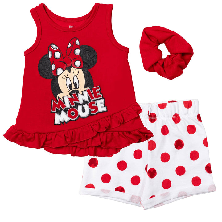 Disney Minnie Mouse Tank Top French Terry Shorts and Scrunchie 3 Piece Outfit Set - imagikids