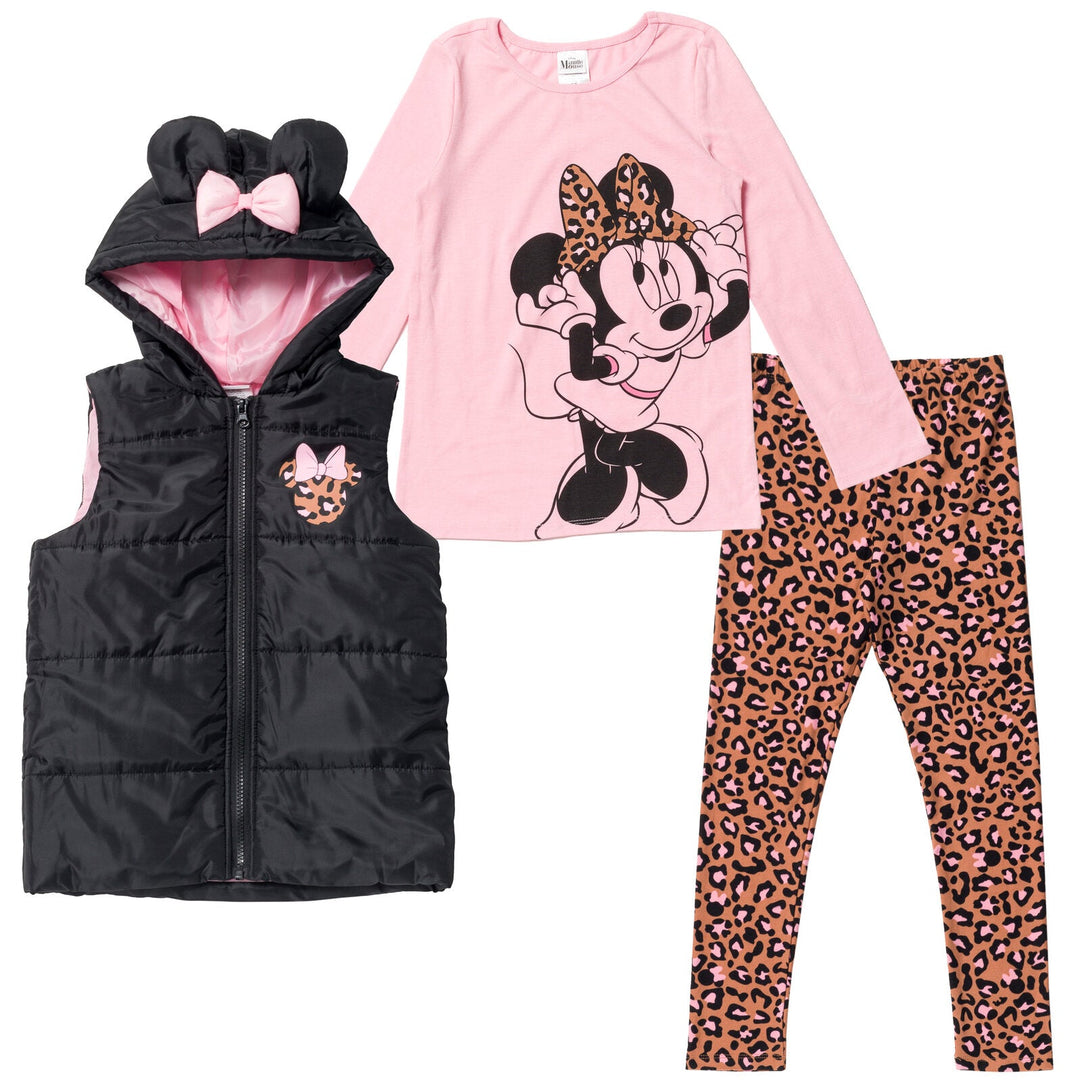 Disney Minnie Mouse Zip Up Vest Puffer T-Shirt and Leggings 3 Piece Outfit Set - imagikids