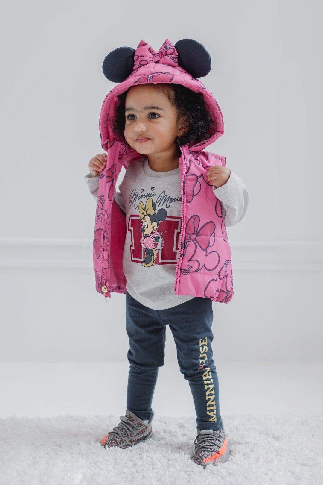 Disney Minnie Mouse Zip Up Vest Puffer T-Shirt and Leggings 3 Piece Outfit Set - imagikids