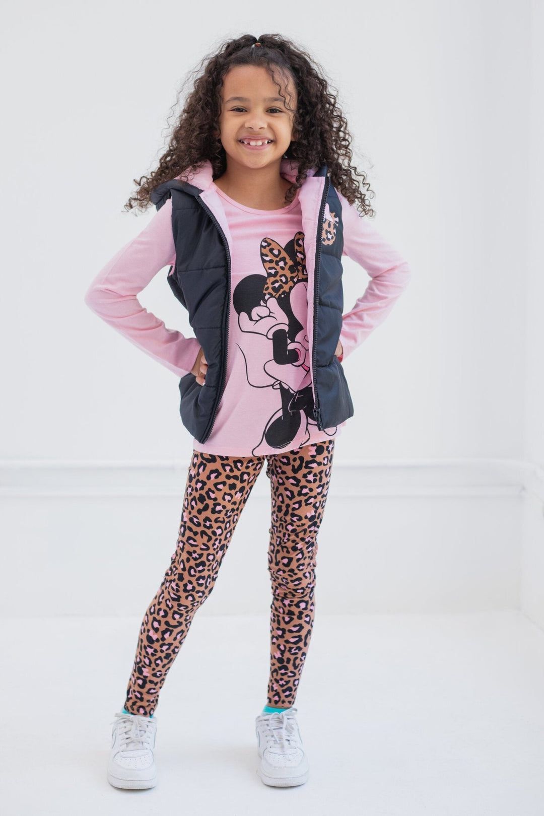 Disney Minnie Mouse Zip Up Vest Puffer T-Shirt and Leggings 3 Piece Outfit Set - imagikids