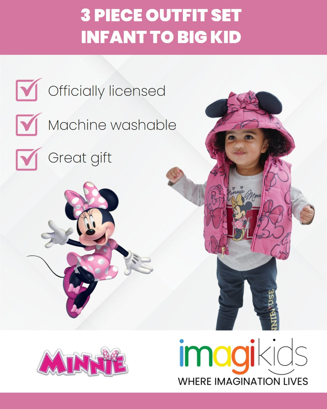 Disney Minnie Mouse Zip Up Vest Puffer T-Shirt and Leggings 3 Piece Outfit Set - imagikids