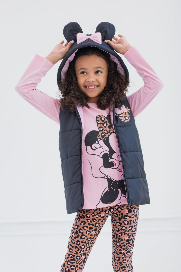 Disney Minnie Mouse Zip Up Vest Puffer T-Shirt and Leggings 3 Piece Outfit Set - imagikids