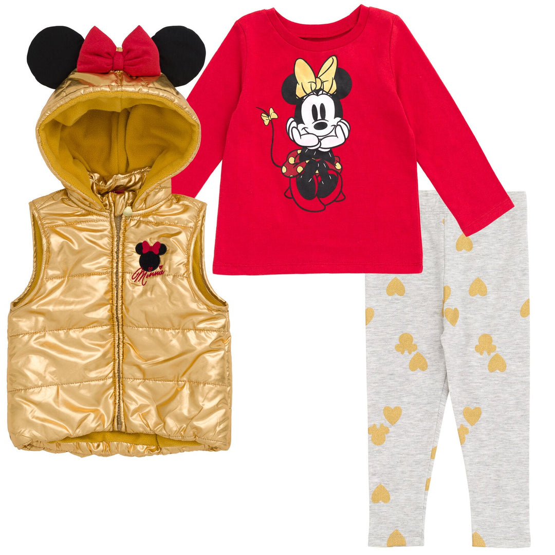 Disney Minnie Mouse Zip Up Vest Puffer T-Shirt and Leggings 3 Piece Outfit Set - imagikids