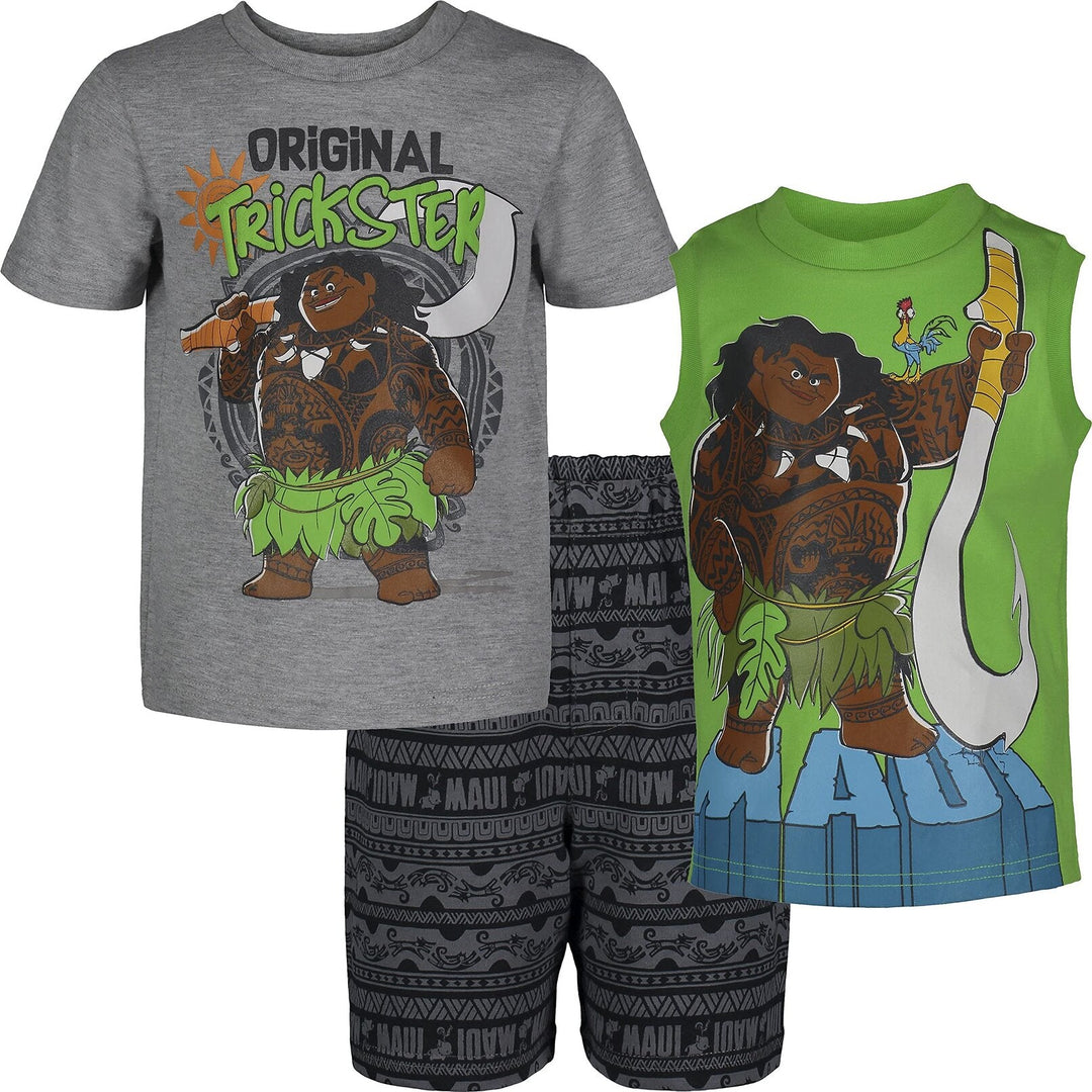 Disney Moana Maui French Terry T-Shirt Tank Top and Shorts 3 Piece Outfit Set - imagikids