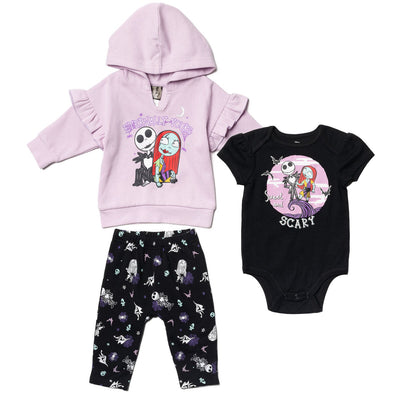 Disney Nightmare Before Christmas Fleece Pullover Hoodie Bodysuit and Pants 3 Piece Outfit Set - imagikids