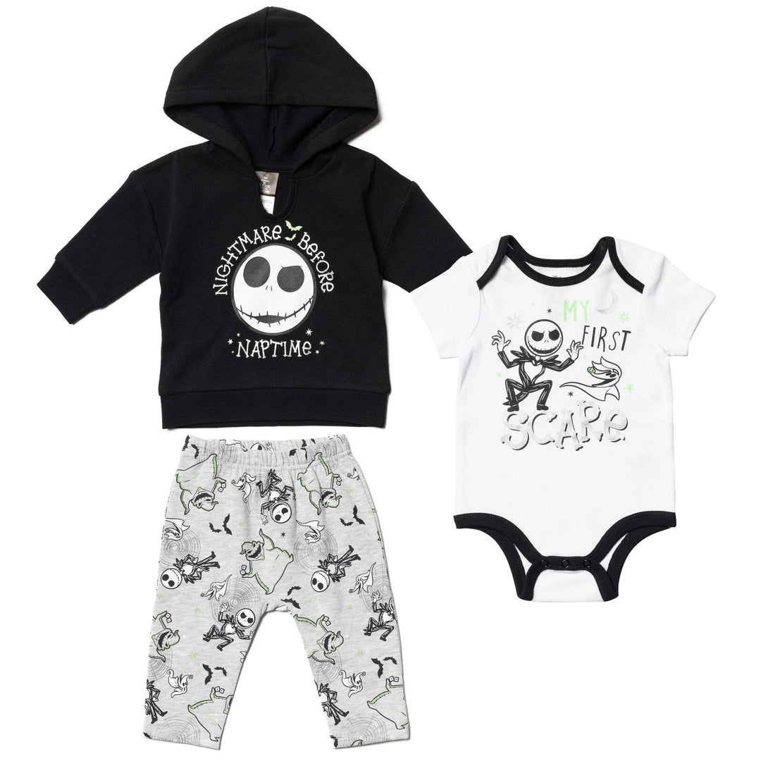 Disney Nightmare Before Christmas Fleece Pullover Hoodie Bodysuit and Pants 3 Piece Outfit Set - imagikids