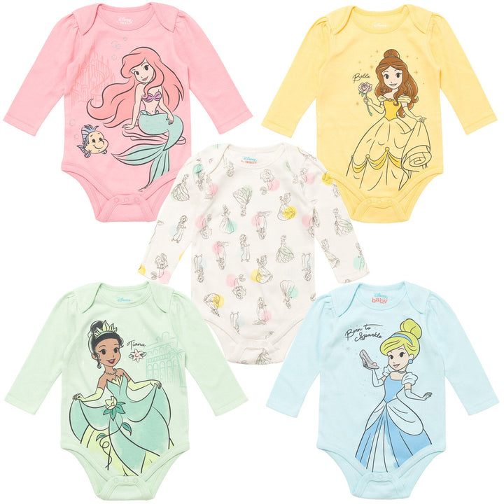 Disney Princess Ariel Belle Cinderella Rapunzel Tiana Jasmine Baby Girls 5 Pack Long Sleeves Bodysuit Newborn to Infant - imagikids