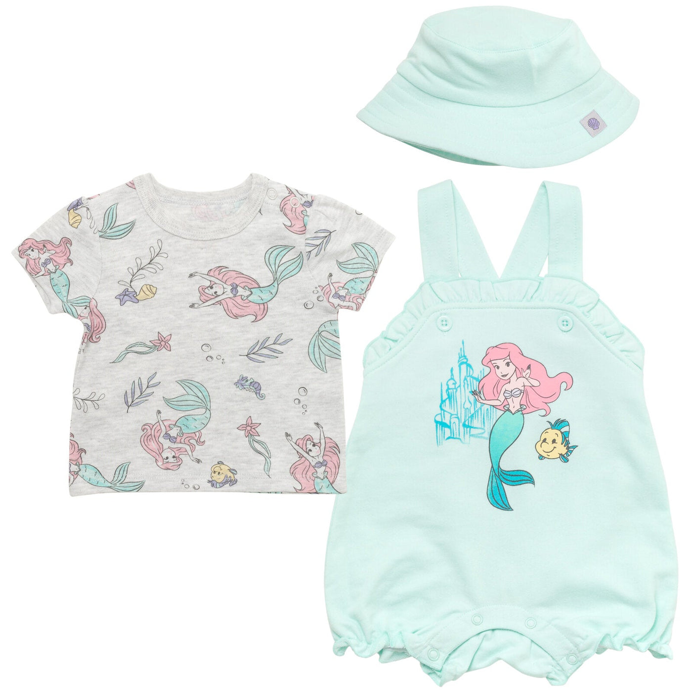 Disney Princess Ariel French Terry Short Overalls T-Shirt and Hat 3 Piece Outfit Set - imagikids