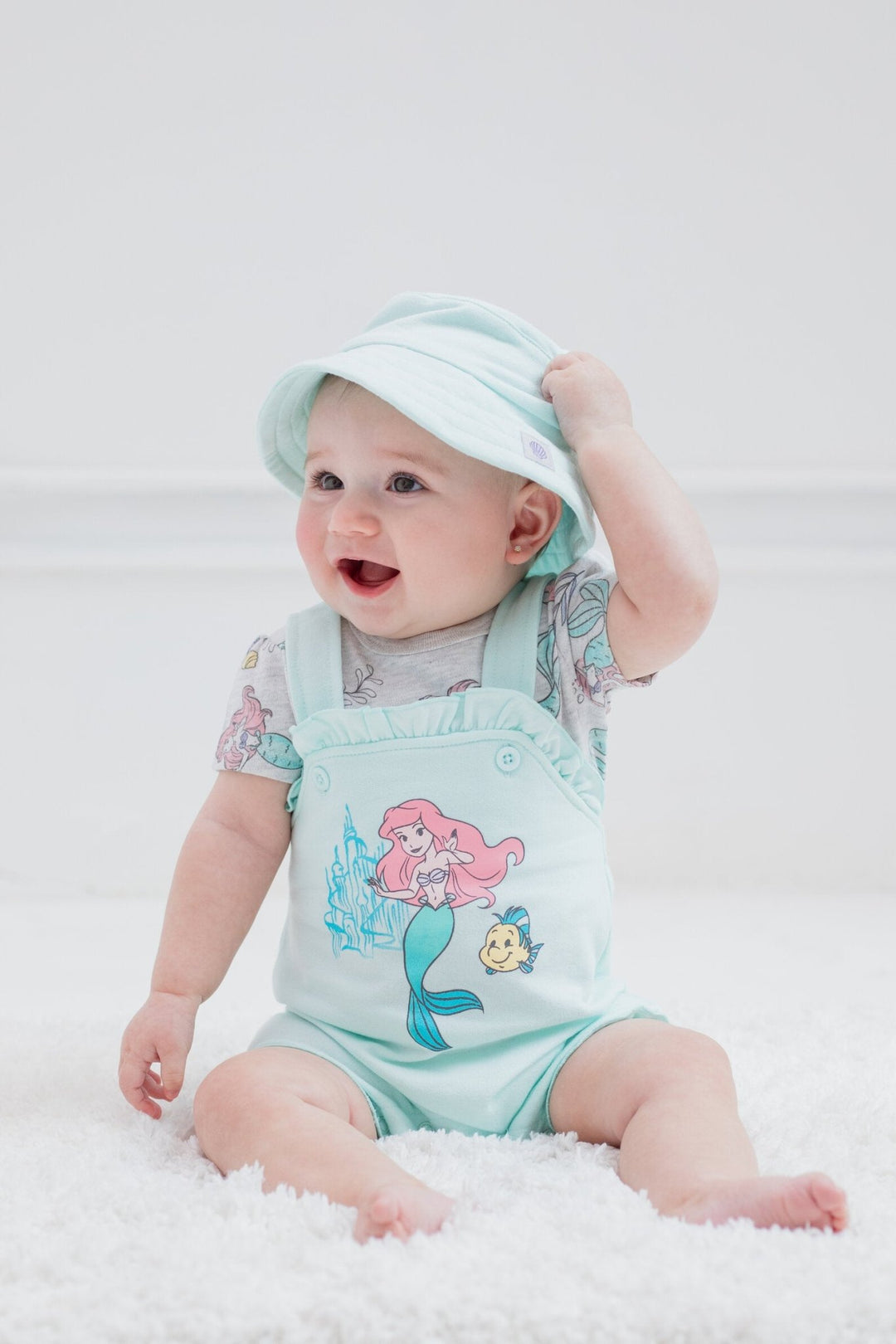 Disney Princess Ariel French Terry Short Overalls T-Shirt and Hat 3 Piece Outfit Set - imagikids