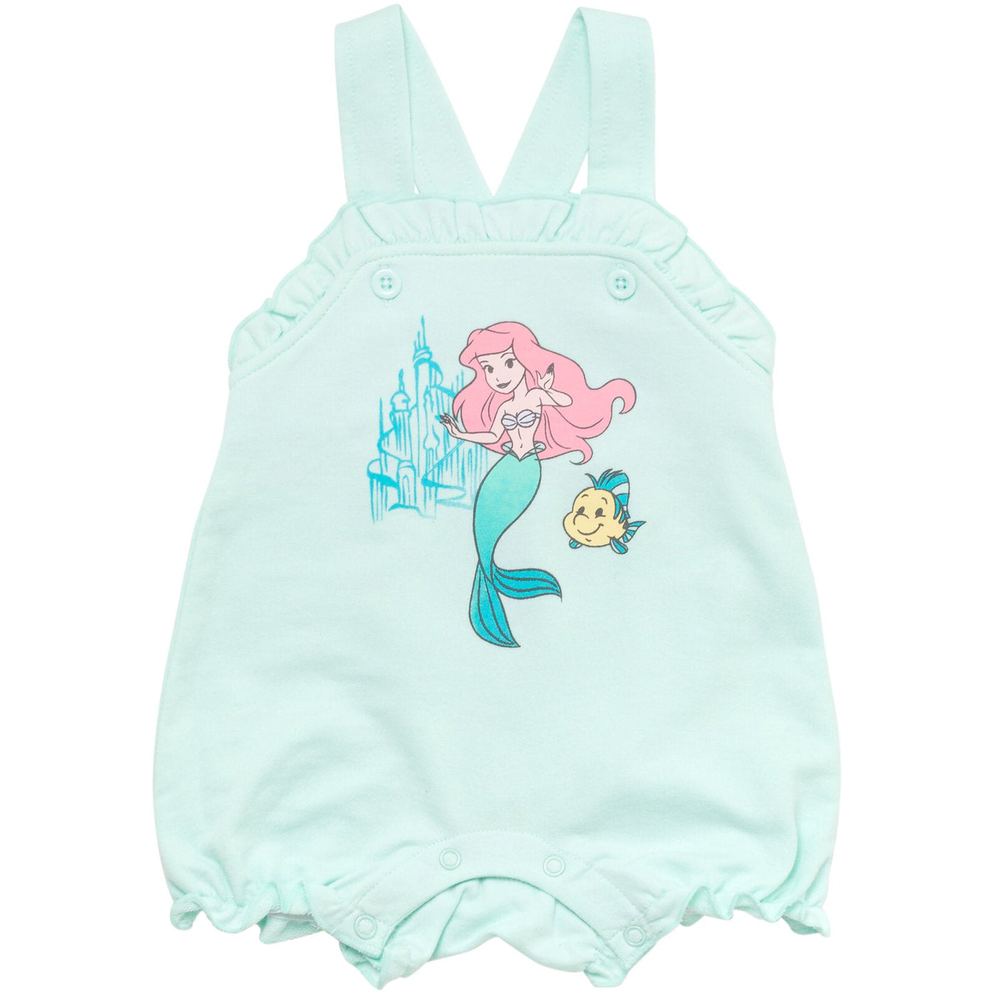 Disney Princess Ariel French Terry Short Overalls T-Shirt and Hat 3 Piece Outfit Set - imagikids