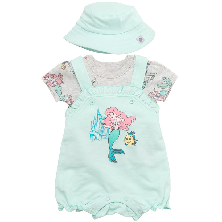 Disney Princess Ariel French Terry Short Overalls T-Shirt and Hat 3 Piece Outfit Set - imagikids