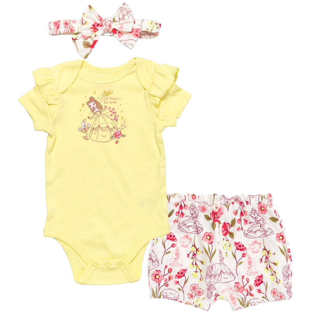 Disney Princess Belle Bodysuit Bubble French Terry Shorts and Headband 3 Piece Outfit Set - imagikids