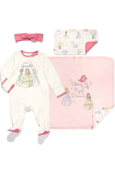Disney Princess Cuddly Zip Up Sleep N' Play Coverall Headband Burp Cloth and Blanket 4 Piece Outfit Set - imagikids