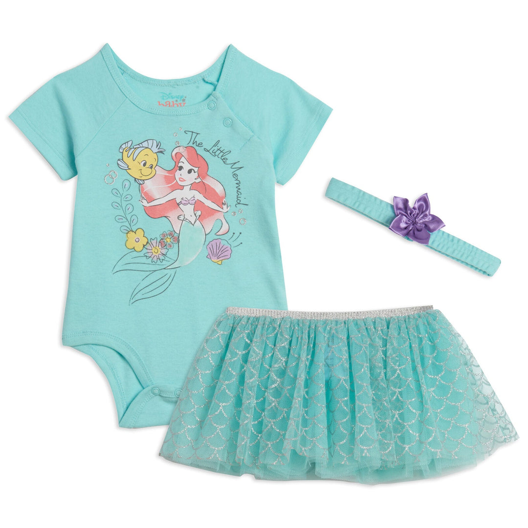 Disney Princess Little Mermaid Bodysuit Tulle Mesh Tutu and Headband 3 Piece Outfit Set - imagikids