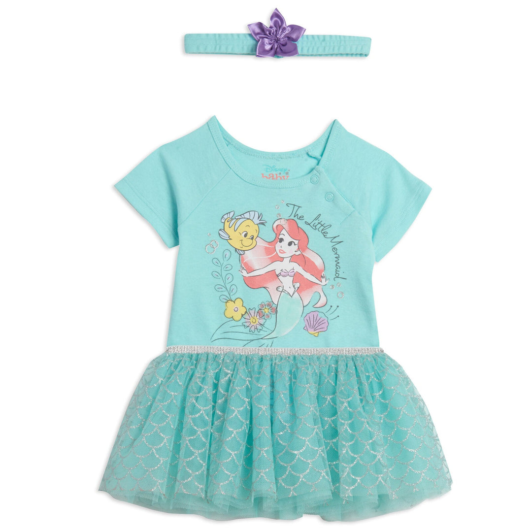 Disney Princess Little Mermaid Bodysuit Tulle Mesh Tutu and Headband 3 Piece Outfit Set - imagikids