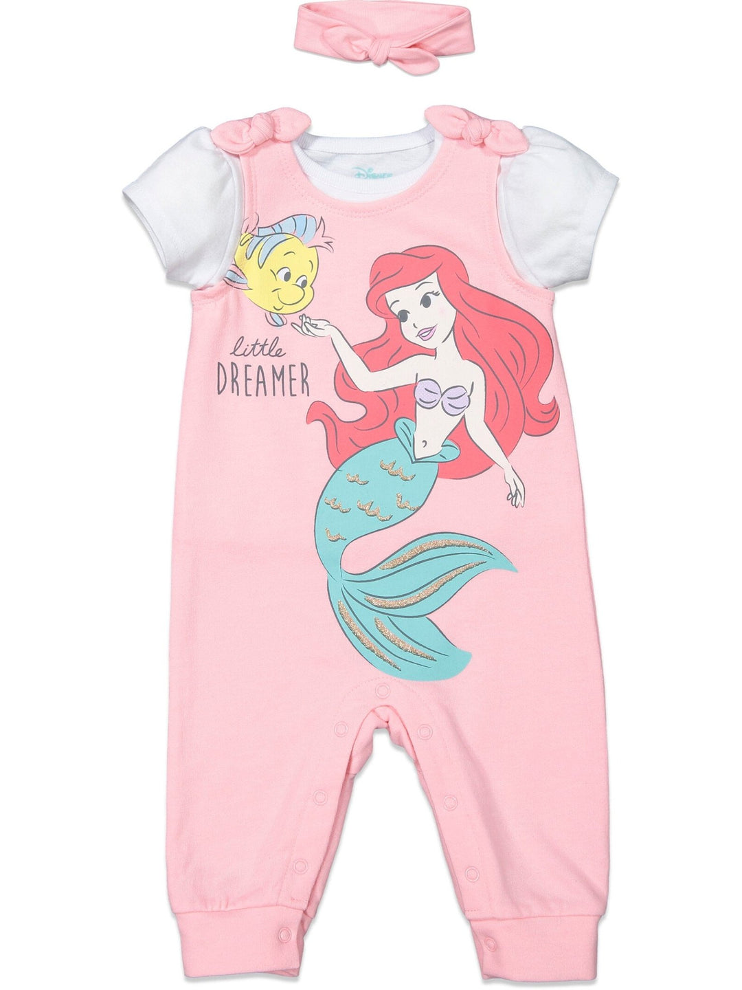 Disney Princess Princess Ariel Snap French Terry Romper T-Shirt and Headband 3 Piece Outfit Set - imagikids