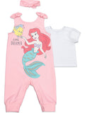 Disney Princess Princess Ariel Snap French Terry Romper T-Shirt and Headband 3 Piece Outfit Set