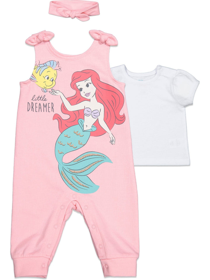 Disney Princess Princess Ariel Snap French Terry Romper T-Shirt and Headband 3 Piece Outfit Set - imagikids