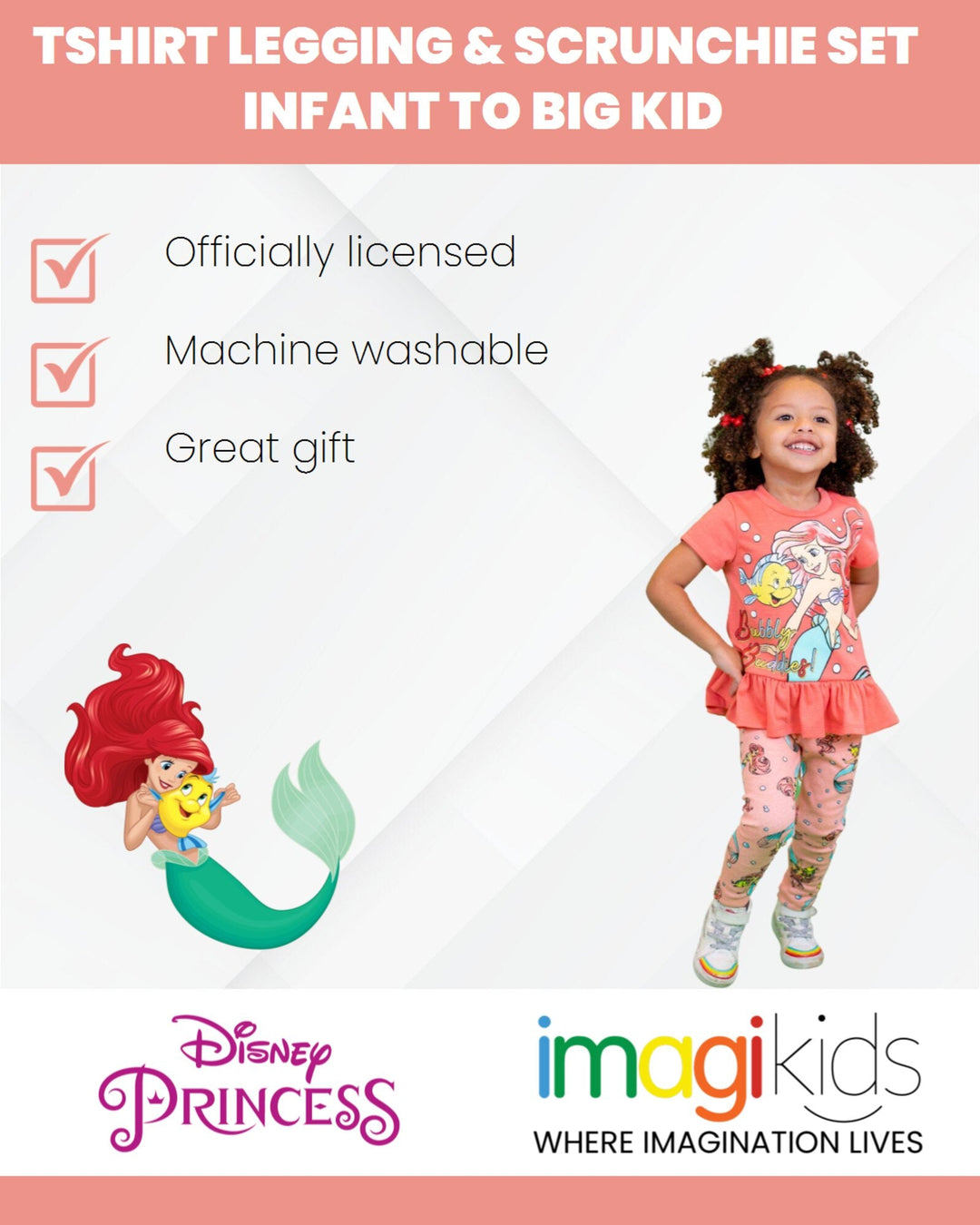 Disney Princess Princess Ariel T-Shirt Leggings and Scrunchie 3 Piece Outfit Set - imagikids