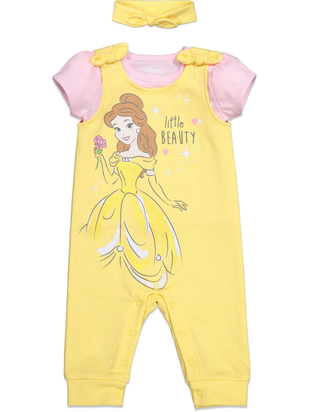 Disney Princess Princess Belle French Terry Romper T-Shirt and Headband 3 Piece Outfit Set - imagikids