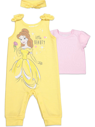 Disney Princess Princess Belle French Terry Romper T-Shirt and Headband 3 Piece Outfit Set - imagikids