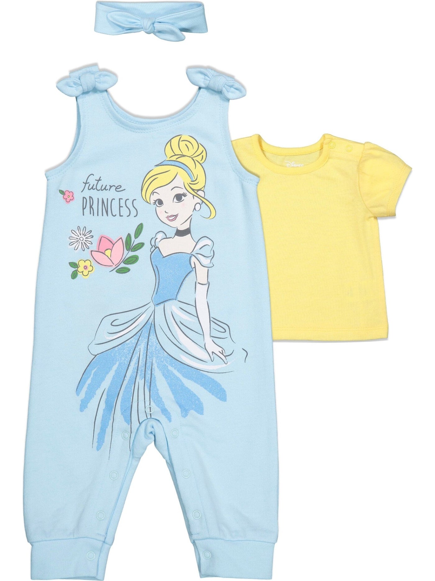 Disney Princess Princess Cinderella French Terry Snap Romper T-Shirt and Headband 3 Piece Outfit Set - imagikids
