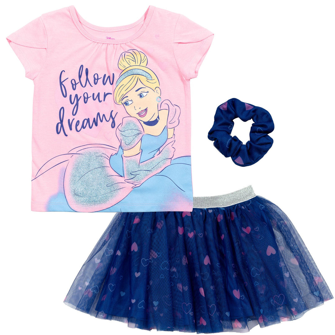 Disney Princess Princess Cinderella T-Shirt Tulle Skirt and Scrunchie 3 Piece Outfit Set - imagikids