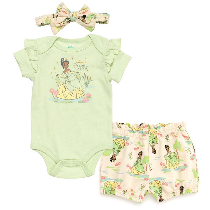 Disney Princess Princess Tiana Bodysuit Bubble French Terry Shorts and Headband 3 Piece Outfit Set - imagikids