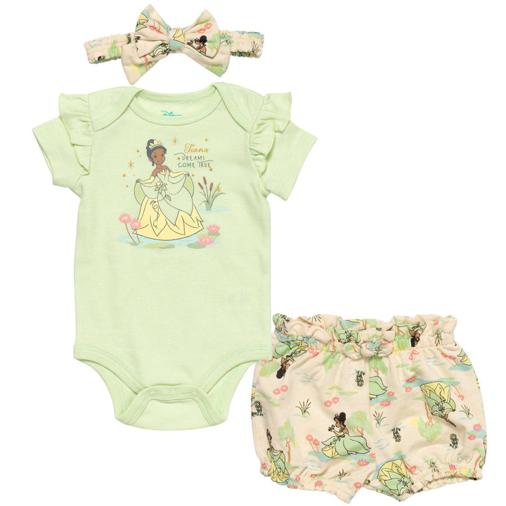 Disney Princess Tiana 3 Piece Outfit Set: Bodysuit Shorts Headband - imagikids